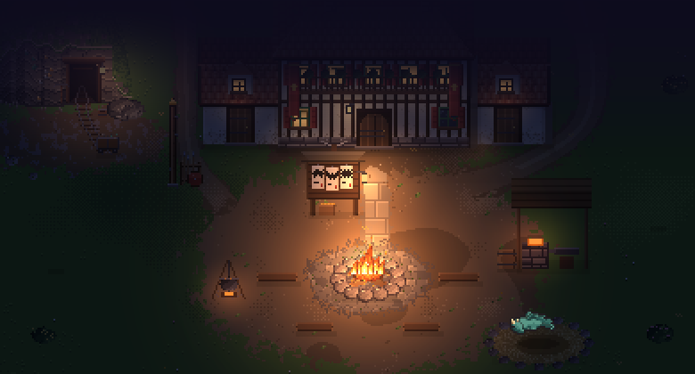 Briarhold's camp from above at night, as the game draws it: the guildhouse, the fire, the quest board, the cook pot, the forge and the dragon asleep in its nest.